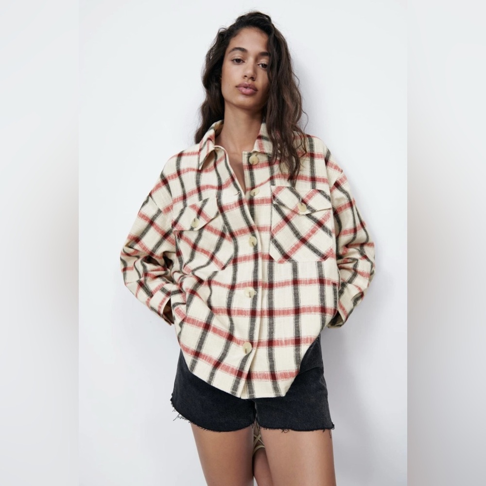 ZARA Plaid Overshirt Shacket Cotton Blend Italian Fabric XS Blogger Favourite